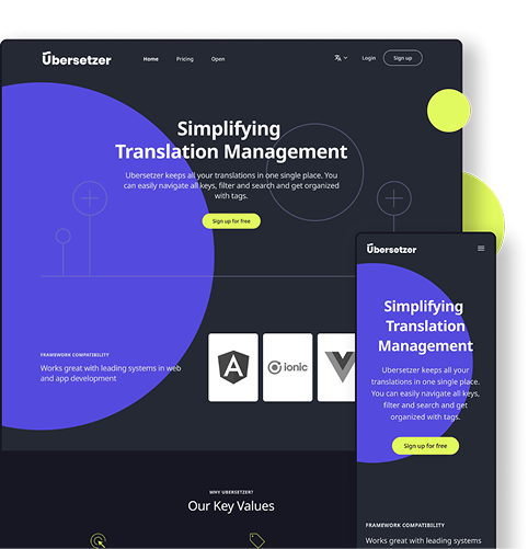Ubersetzer-Website in der Desktop- und mobilen Ansicht